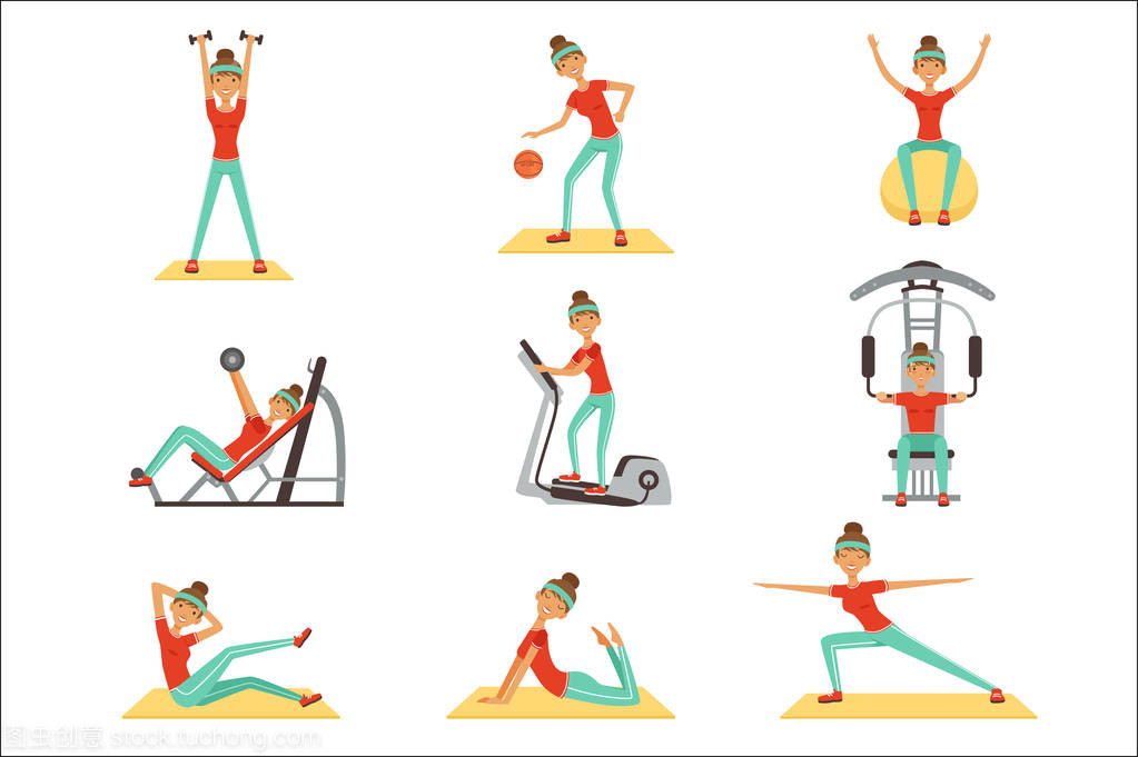 在與運動器材健身房鍛煉健身女人設置的炫彩矢量插圖